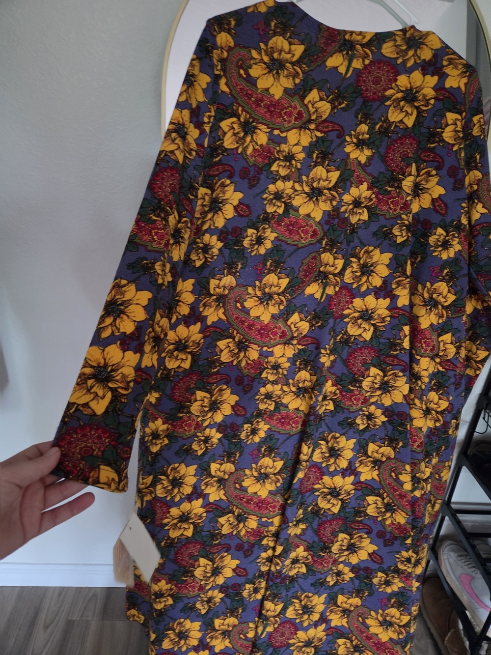 Floral Long Open Cardigan - Yellow & Burgundy on Navy - Picture 8 of 9